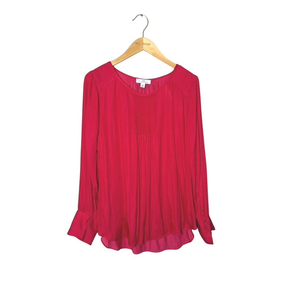 H HALSTON Large Red Pintucked Long Sleeve Lightweight Blouse Career Quiet Luxury
